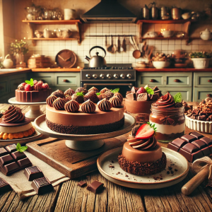 DALL·E 2024-08-31 17.43.15 - A cozy kitchen scene featuring a variety of beautifully prepared chocolate desserts, including chocolate crumbles, chocolate mousse, and chocolate tar